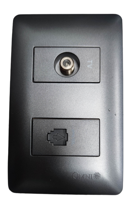 Omni graphite finish electrical outlet plate with coax F connector and Ethernet keystone port