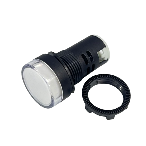 Denko Pilot light 220v WHITE 22mm indicator lamp with white lens black housing and mounting ring