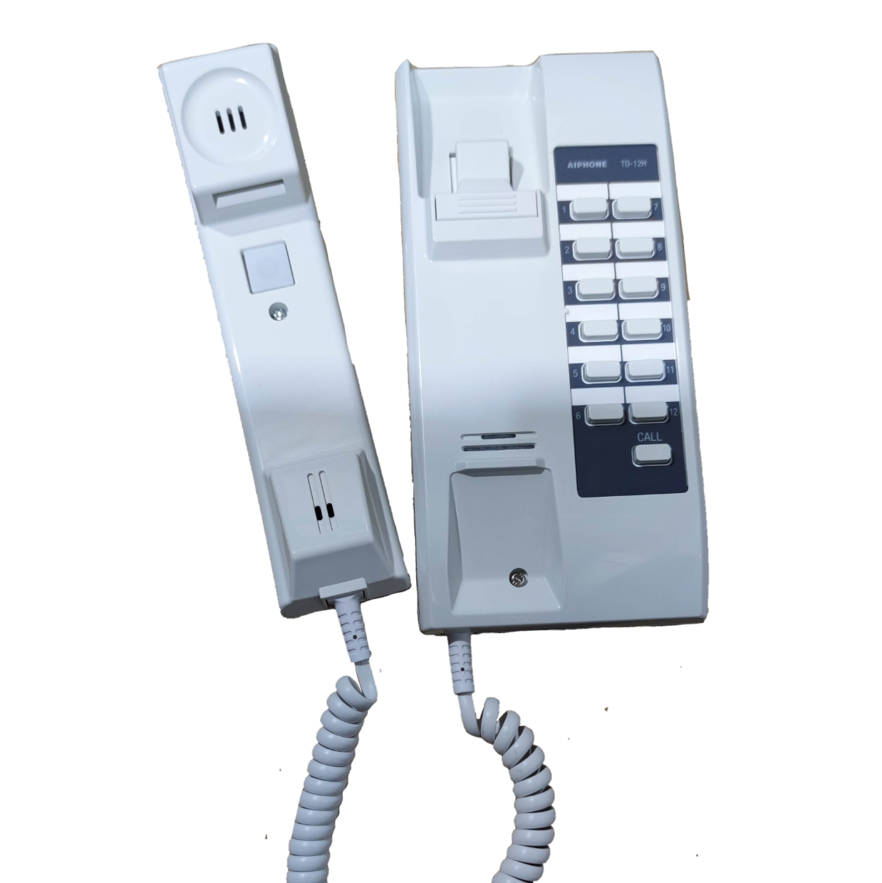 Aiphone 12 station intercom system with white handset and keypad for secure communication