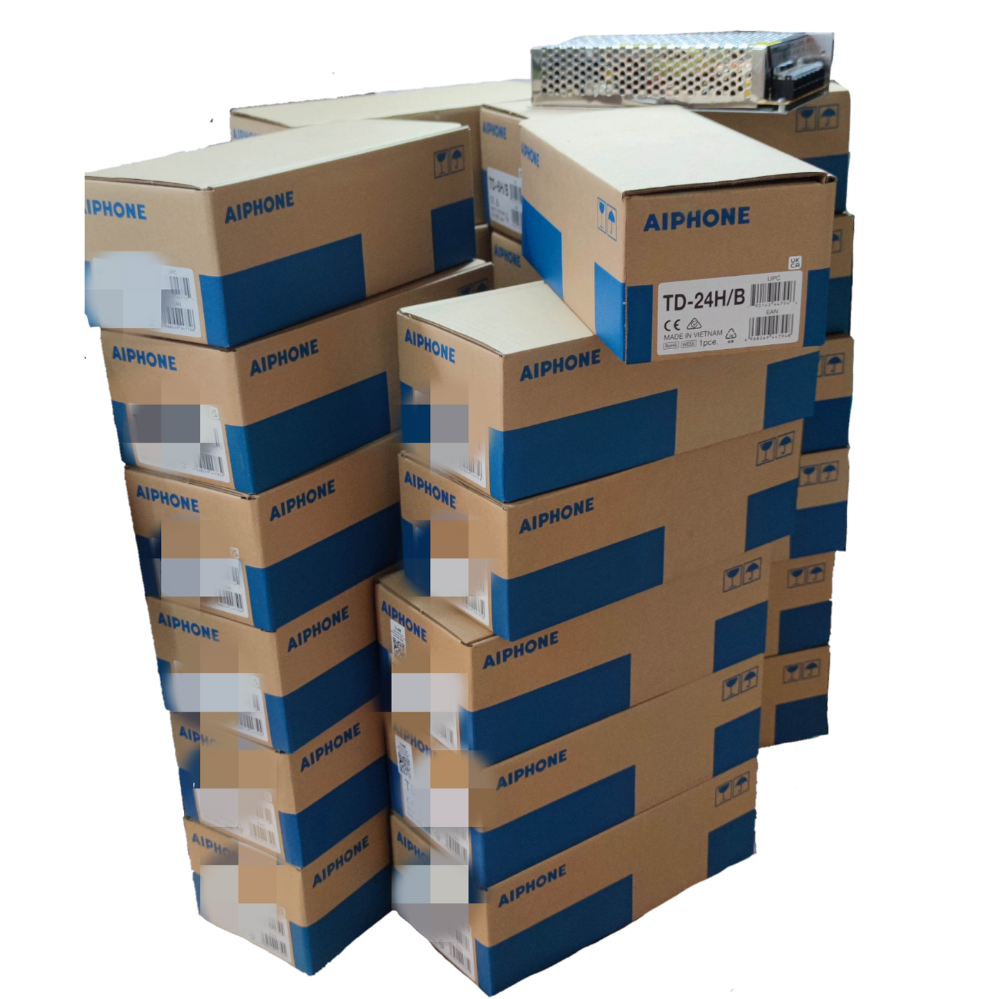 Stack of Aiphone 24 station intercom system boxes for CCTV and security system installation