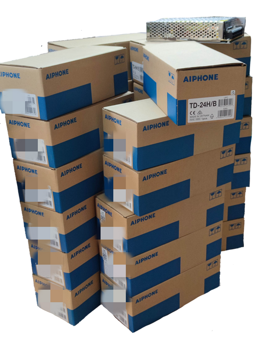 Stack of Aiphone 24 station intercom system boxes for CCTV and security system installation