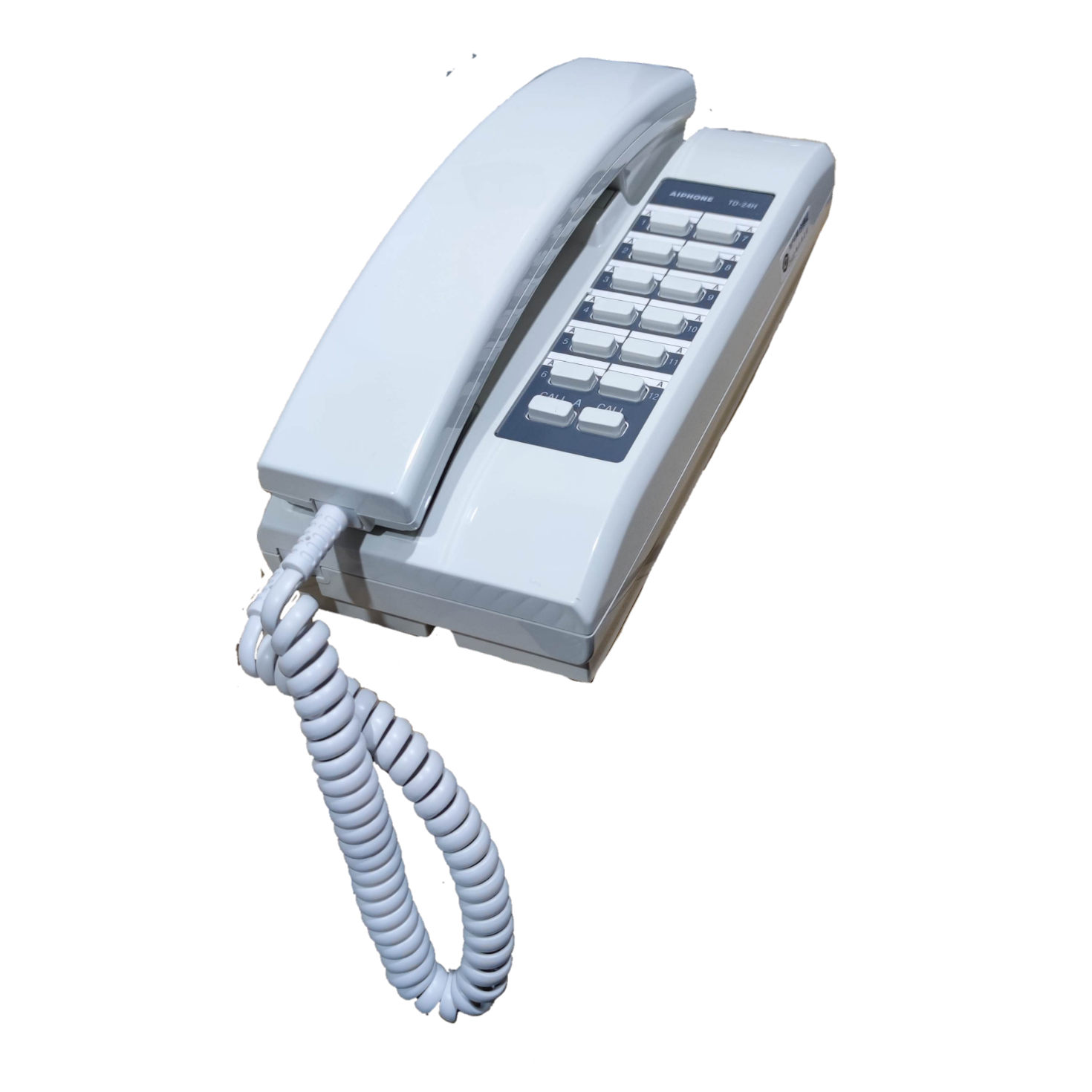 Aiphone 24 station intercom system with white handset and multiple buttons for security communication