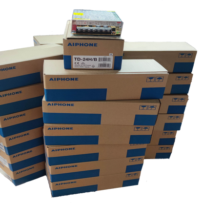 Aiphone 24 Sub station intercom system with multiple boxed units stacked for security installation