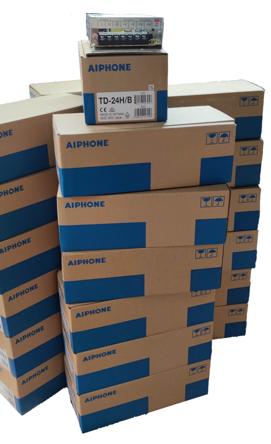 Stack of Aiphone boxes containing Aiphone 24 Sub station intercom system for security and communication