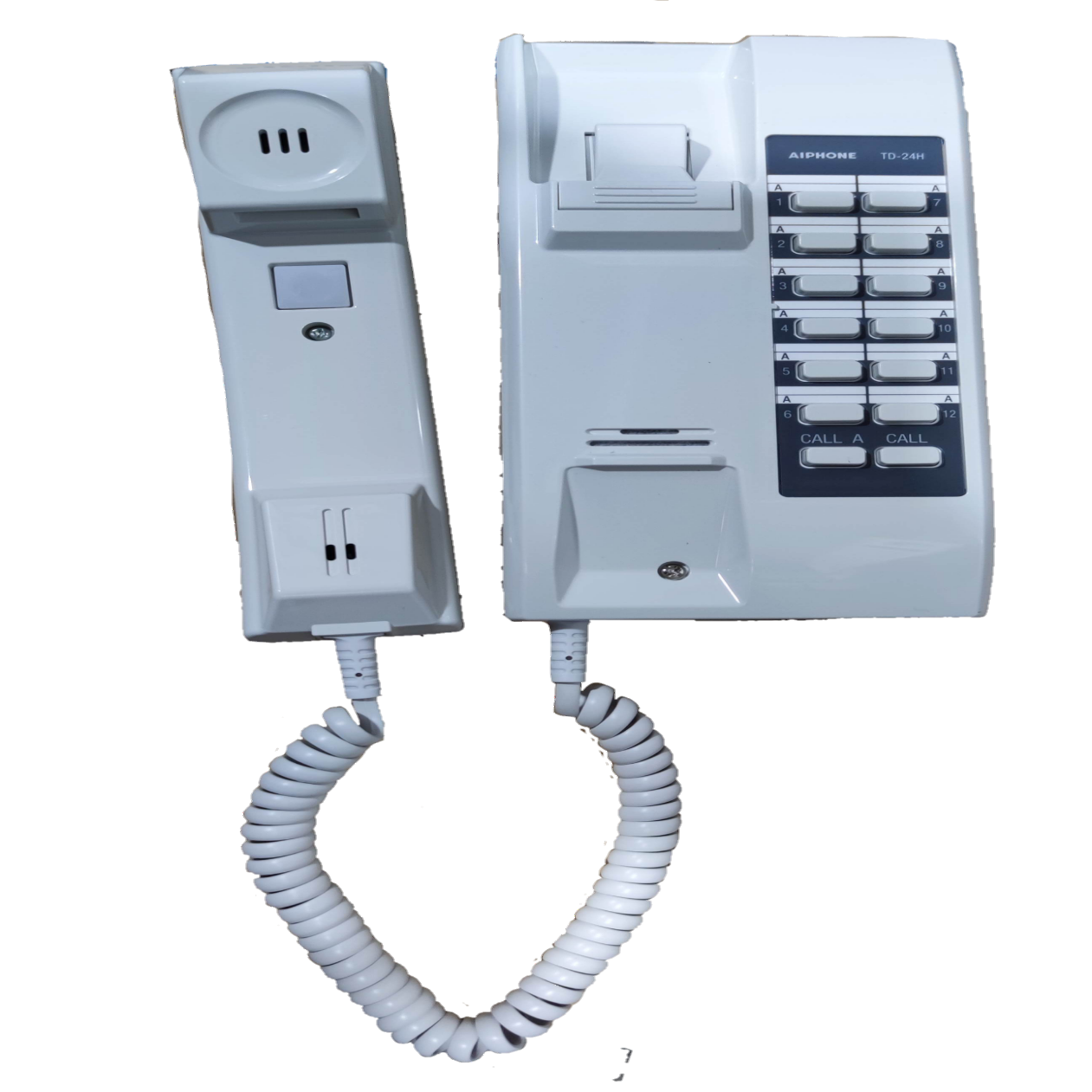 Aiphone 24 Sub station intercom system white wall-mounted handset with multiple buttons and coiled cord