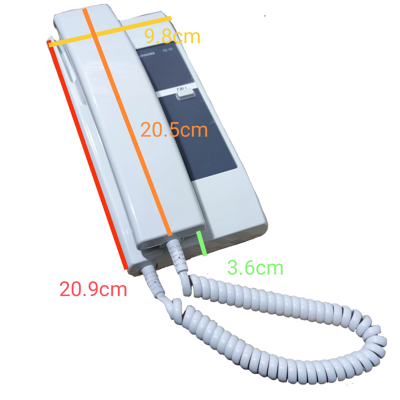 Aiphone 24 Sub station intercom system white wall-mounted handset with coiled cord and measurement markings