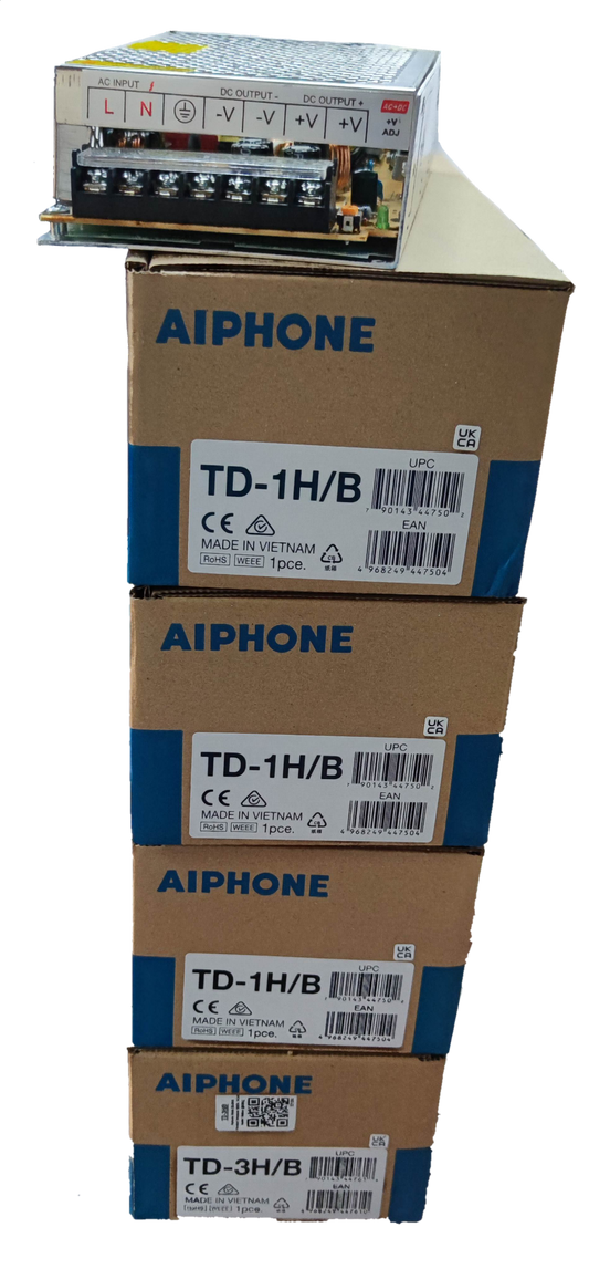 Aiphone 3 station intercom system power supply unit and stacked Aiphone TD-1H/B boxes for CCTV and security system