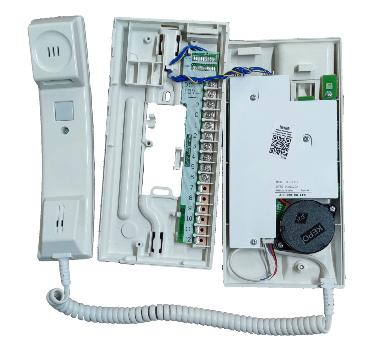 Open Aiphone 6 station intercom showing internal wiring and handset for security system