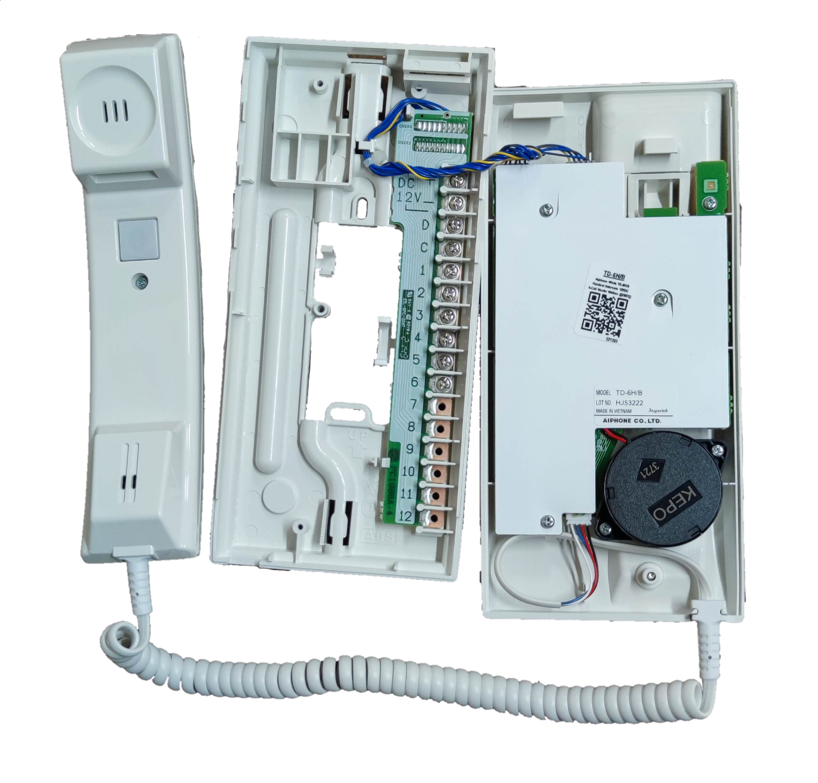 Open Aiphone 6 station intercom showing internal wiring and handset for security system
