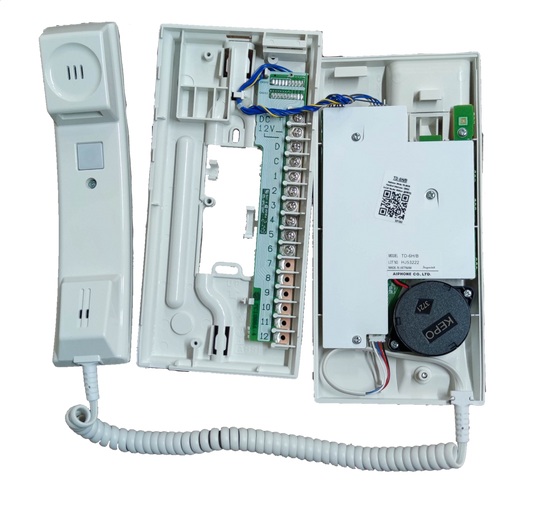 Open Aiphone 6 station intercom showing internal wiring and handset for security system