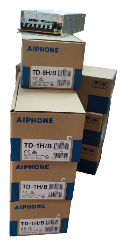 Stack of Aiphone boxes with intercom system components for Aiphone 6 station intercom system