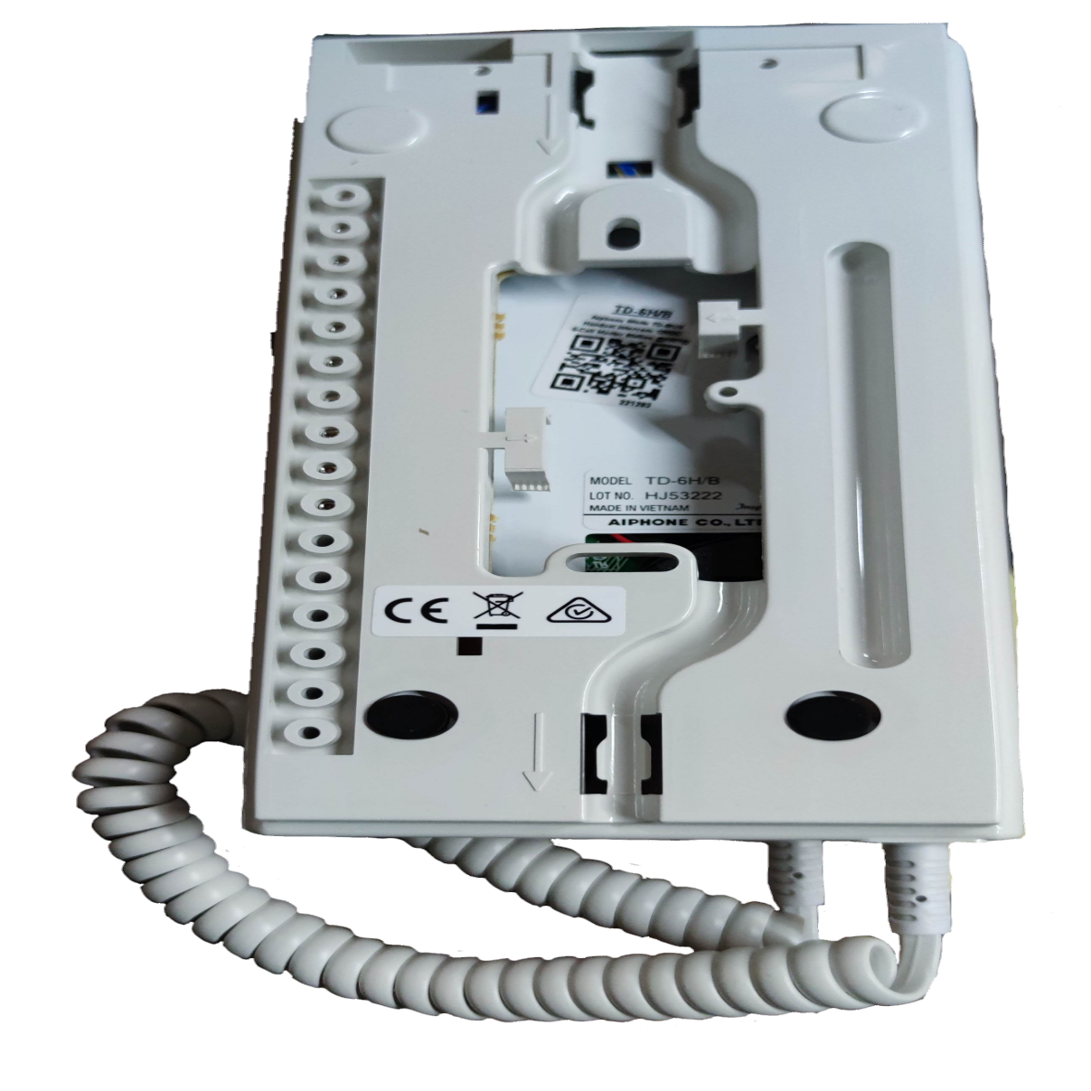 Back view of Aiphone 6 station intercom system showing wiring terminals and coiled cord