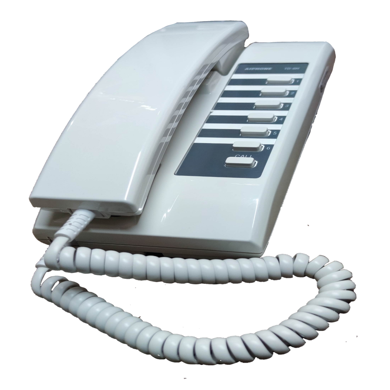 Aiphone 6 station intercom system white telephone unit with coiled cord and multiple buttons