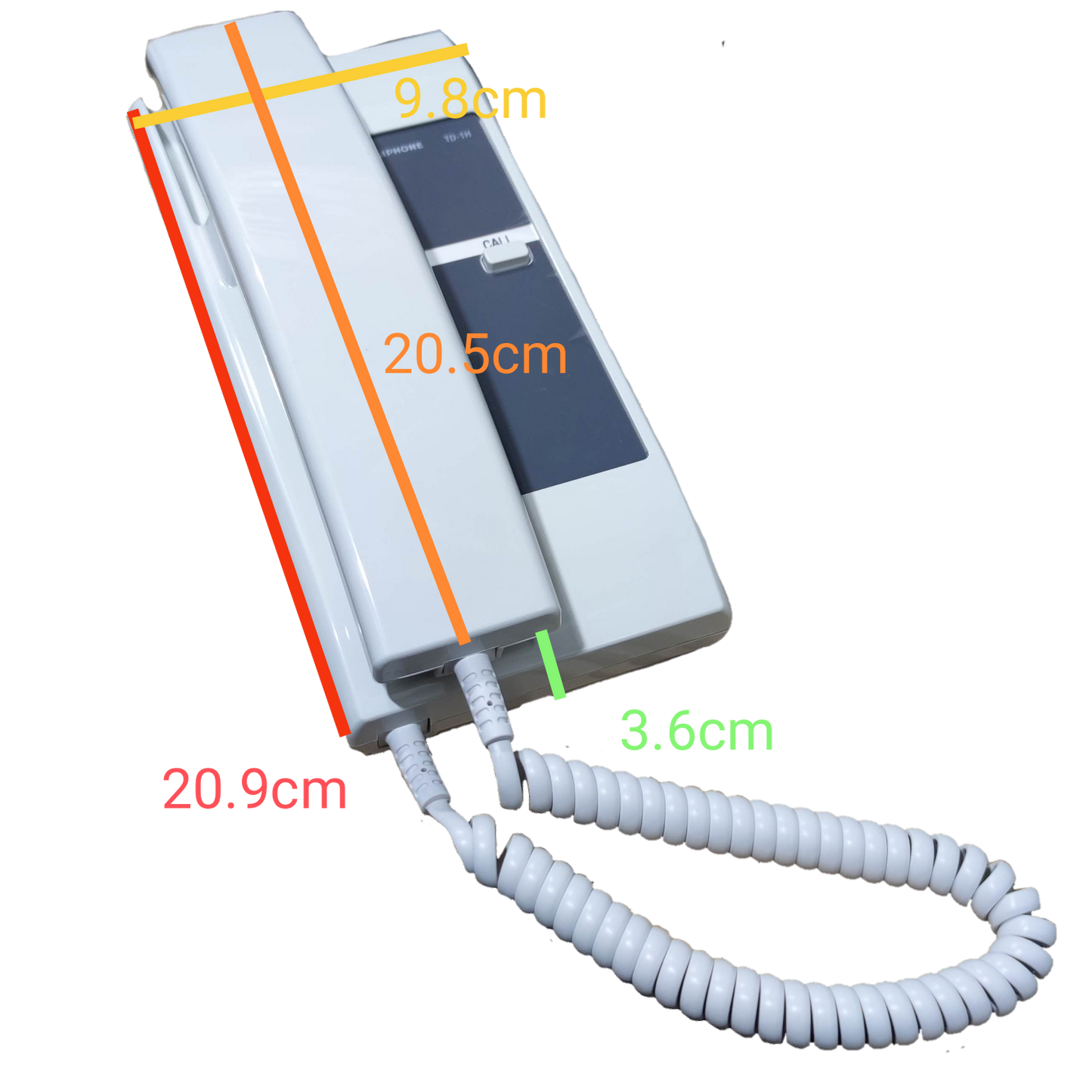 Aiphone 6 station intercom system white wall-mounted handset with coiled cord and measurements