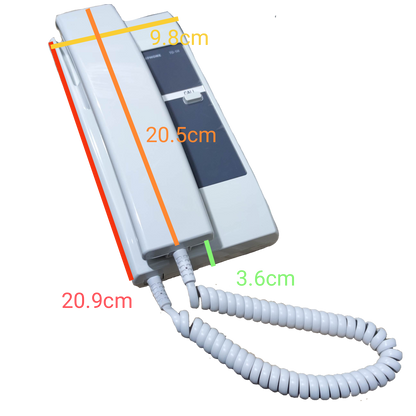 Aiphone 6 station intercom system white wall-mounted handset with coiled cord and measurements