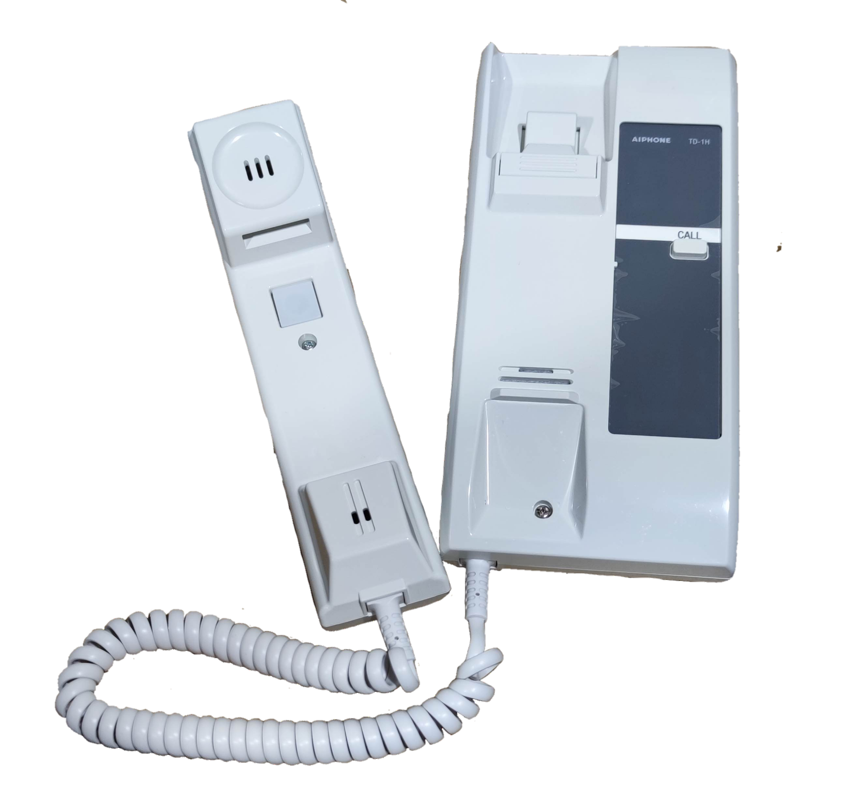 Aiphone 6 station intercom system with white handset and base unit for secure communication
