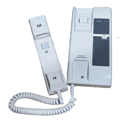 Aiphone 6 station intercom system with white handset and base unit for secure communication