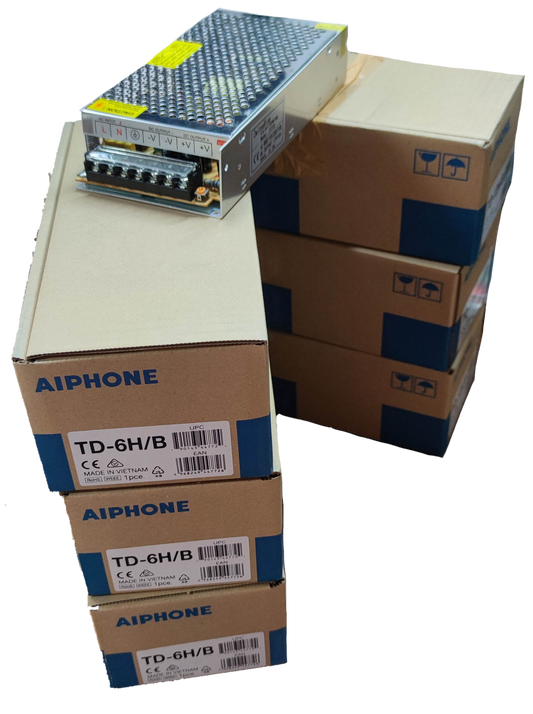 Aiphone 6 station intercom system power supply units stacked in boxes for CCTV and security system
