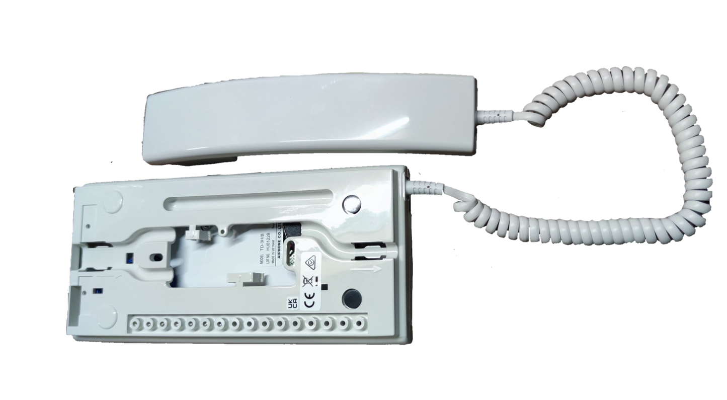 Aiphone intercom master unit with white handset and coiled cord for CCTV and security system