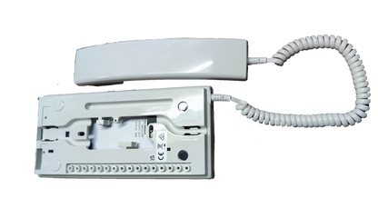 Aiphone intercom master unit with white handset and coiled cord for CCTV and security system