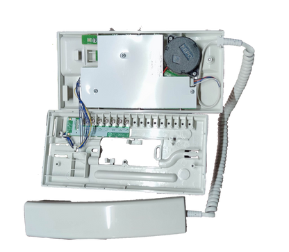 Aiphone intercom master unit opened showing internal wiring and white handset for security communication