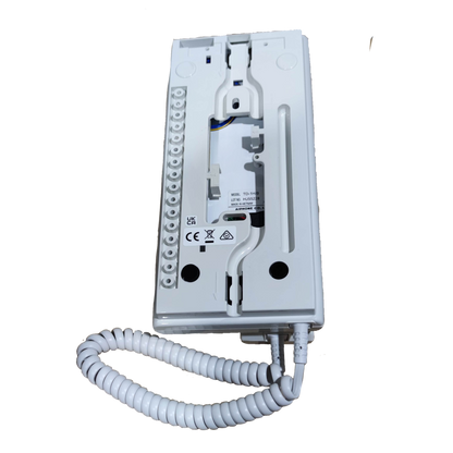 Back view of Aiphone intercom substation TD-1H with coiled handset cord and wiring terminals for security systems