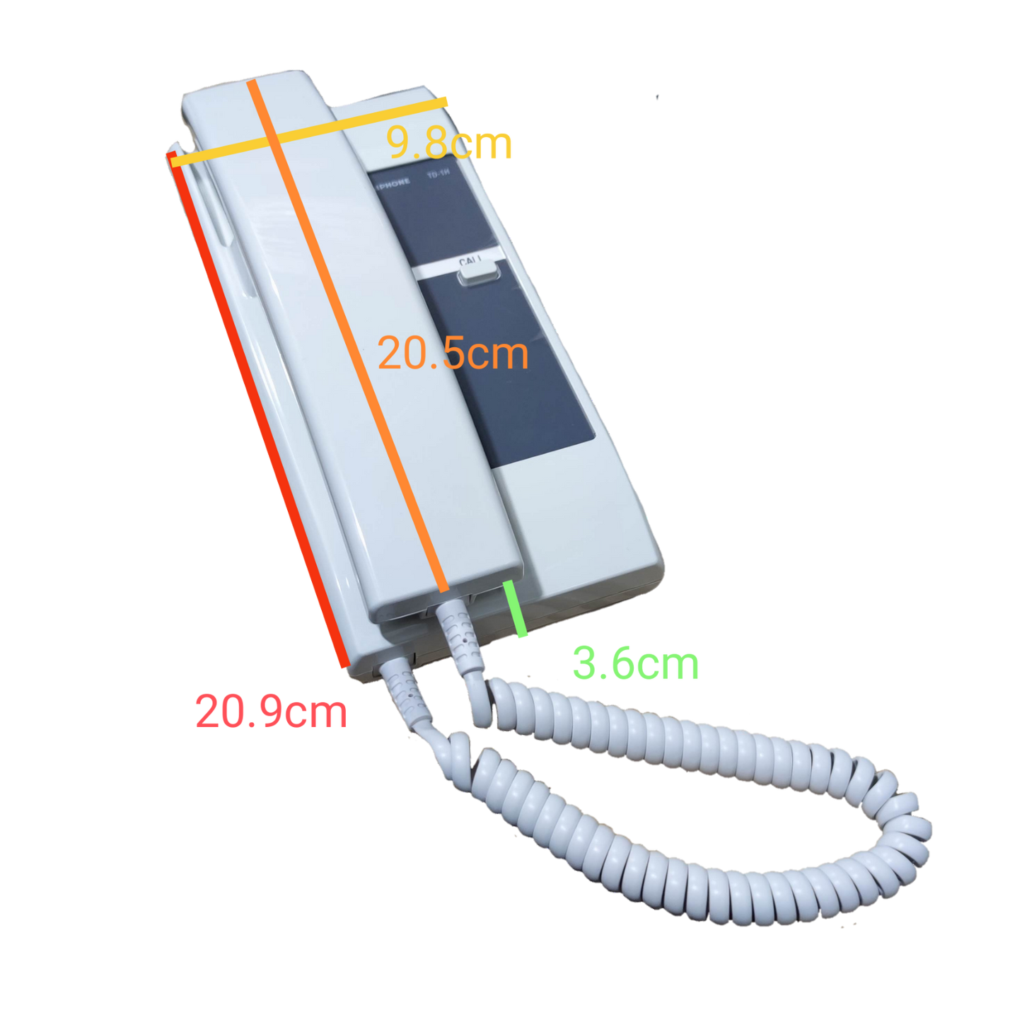 Aiphone intercom substation TD-1H white wall-mounted telephone handset with coiled cord and dimension markings