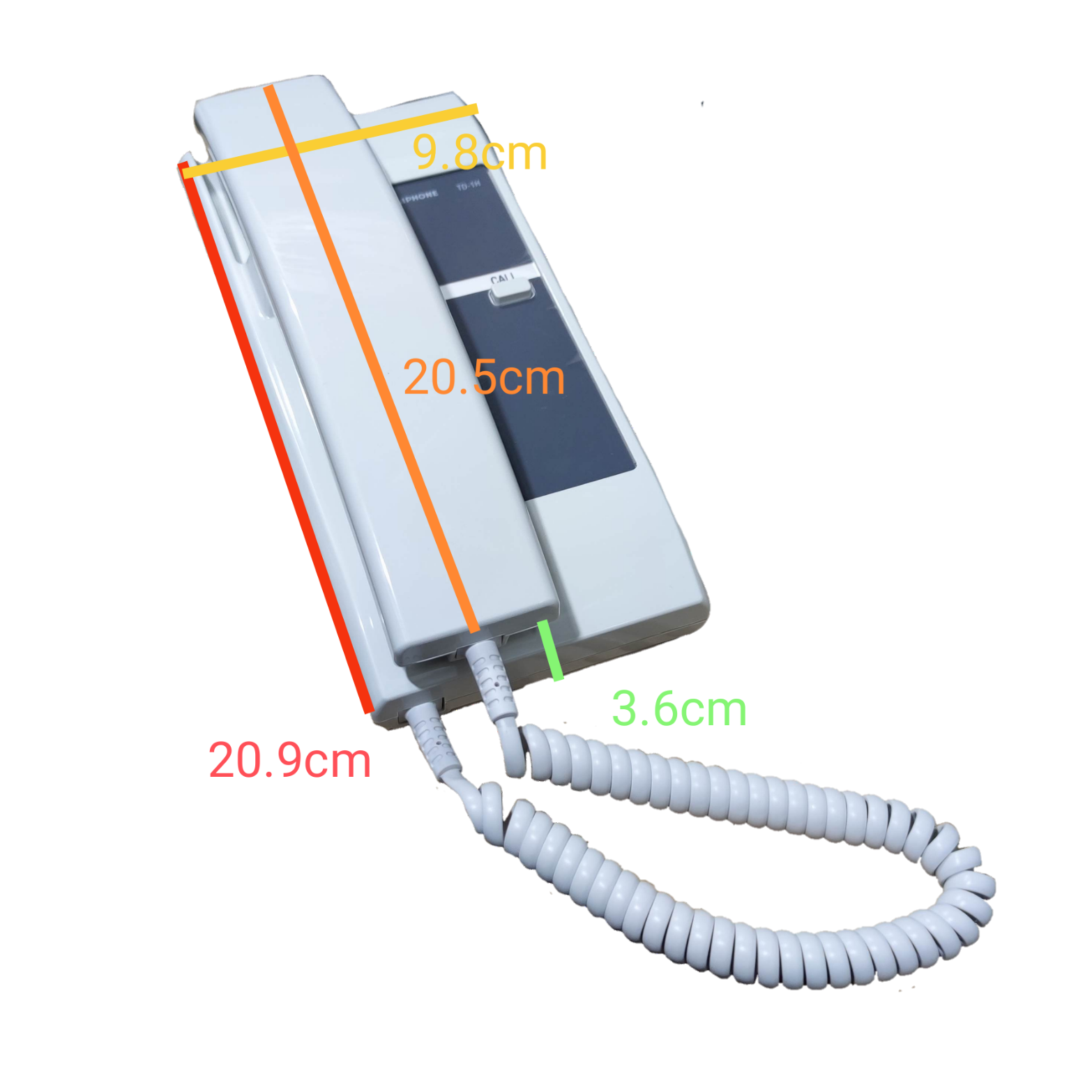 Aiphone intercom substation TD-1H white wall-mounted telephone handset with coiled cord and dimension markings