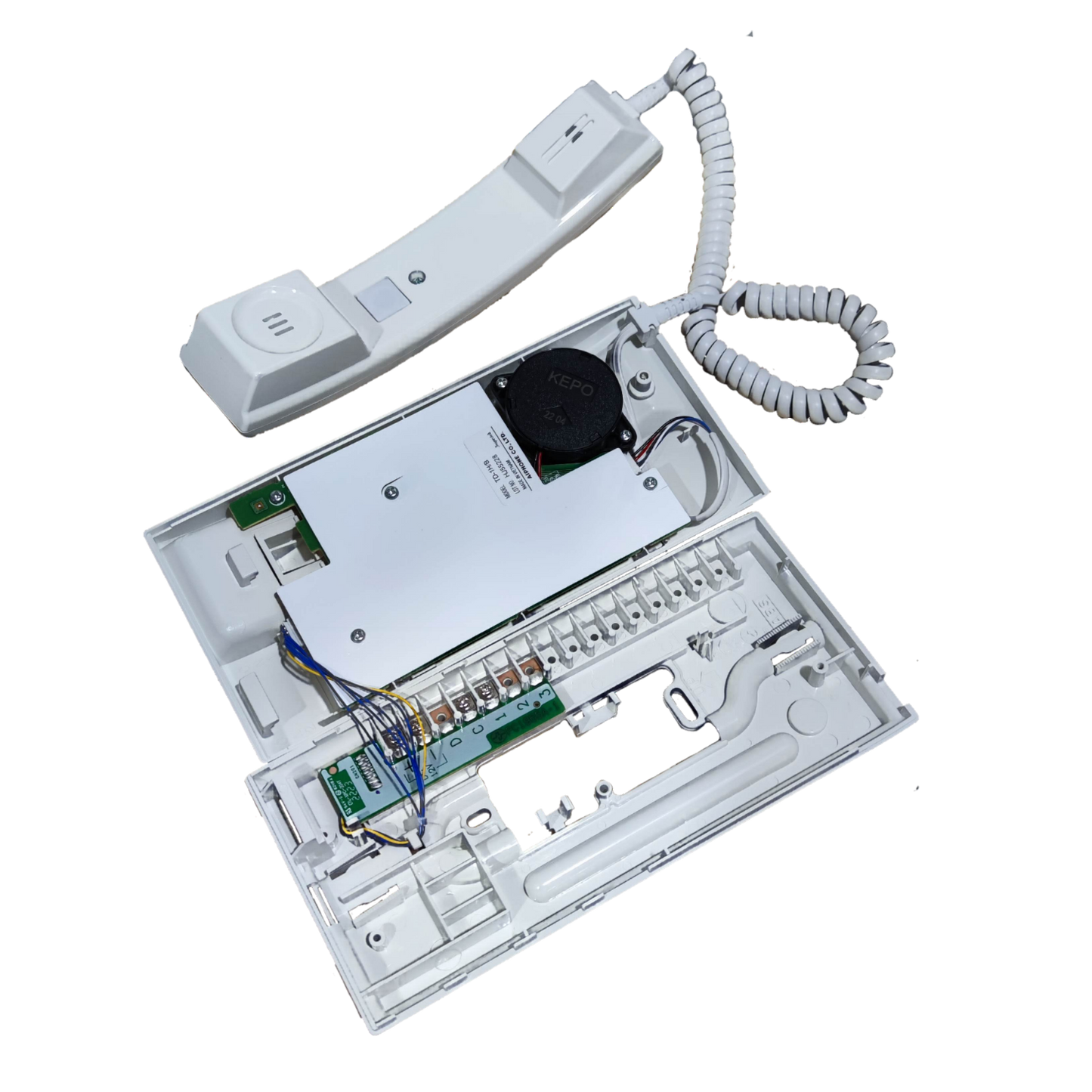 Aiphone intercom substation TD-1H open view showing handset and internal wiring for security system