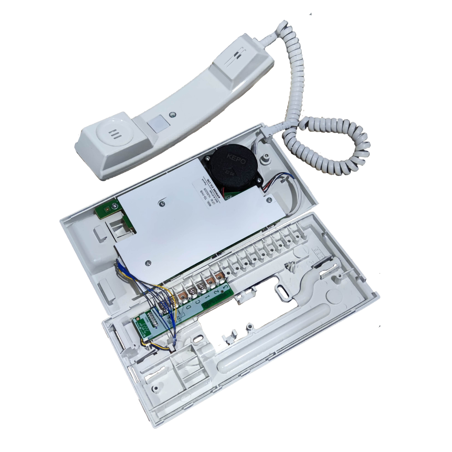 Aiphone intercom substation TD-1H open view showing handset and internal wiring for security system