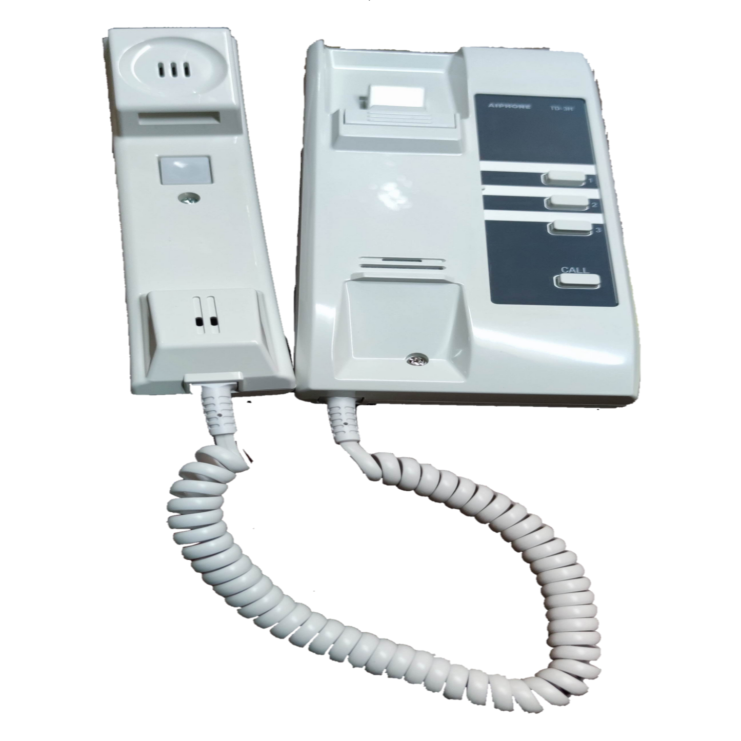 Aiphone intercom system with white handset and base unit for secure communication