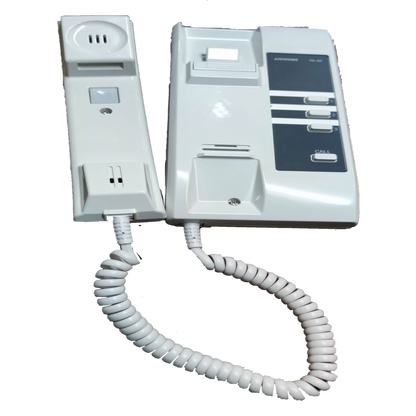 Aiphone intercom system with white handset and base unit for secure communication