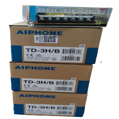 Aiphone intercom system power supply unit with three stacked Aiphone TD-3H/B boxes for CCTV and security system