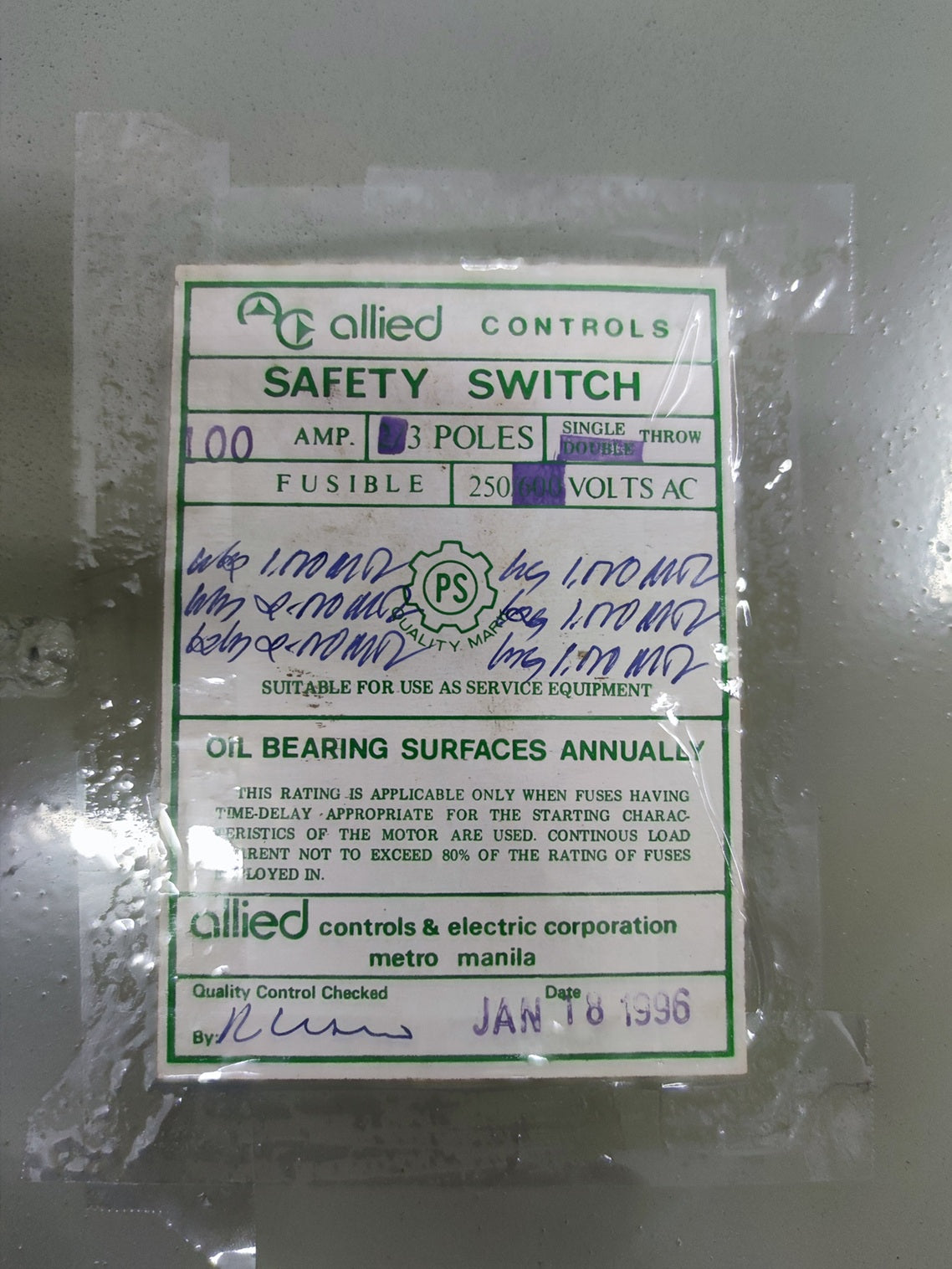 Allied 100A 3 pole safety switch with fusible 250 volts AC for electrical circuitry and parts