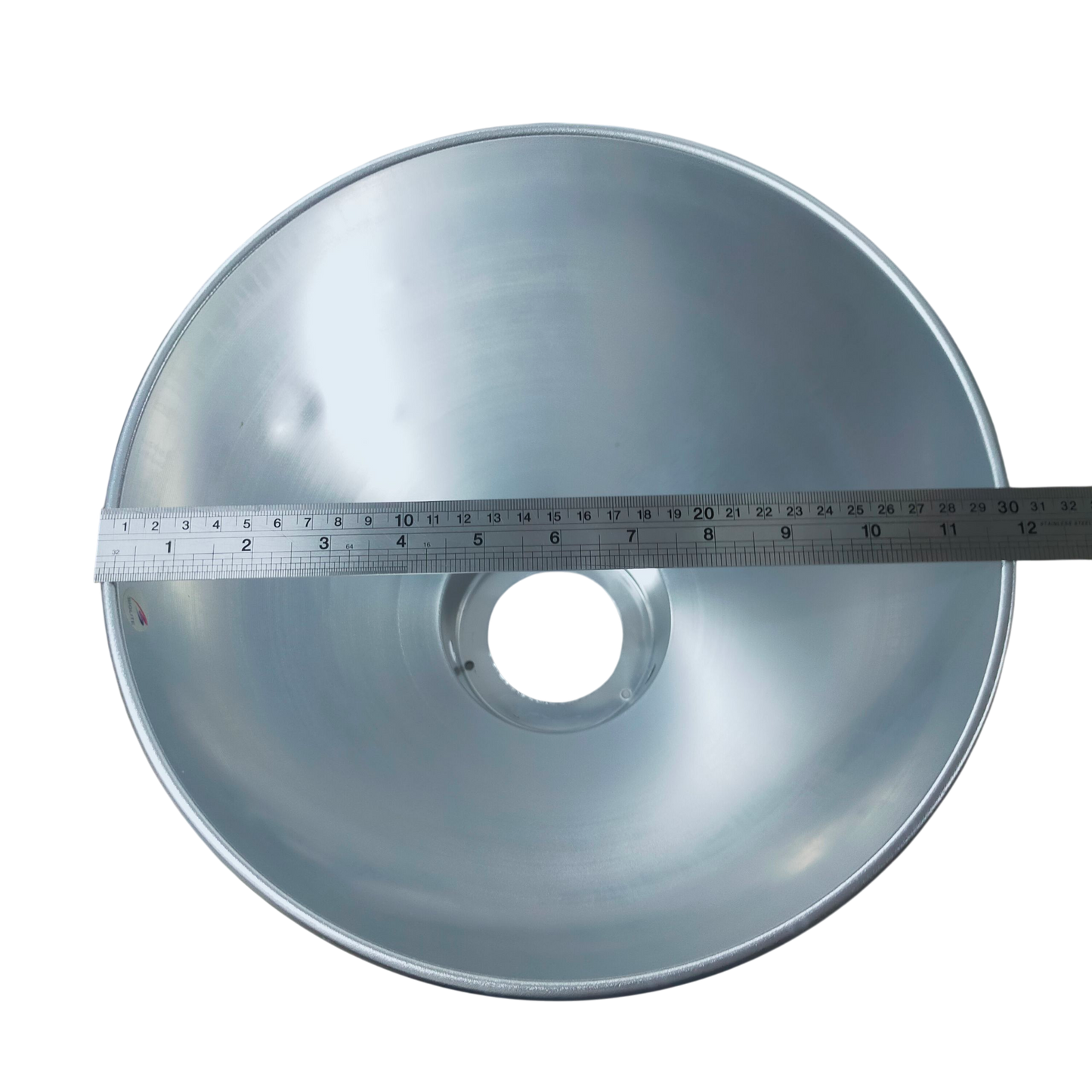 Biglite 12 inch aluminum reflector lamp cover for ceiling lights shown with measurement ruler