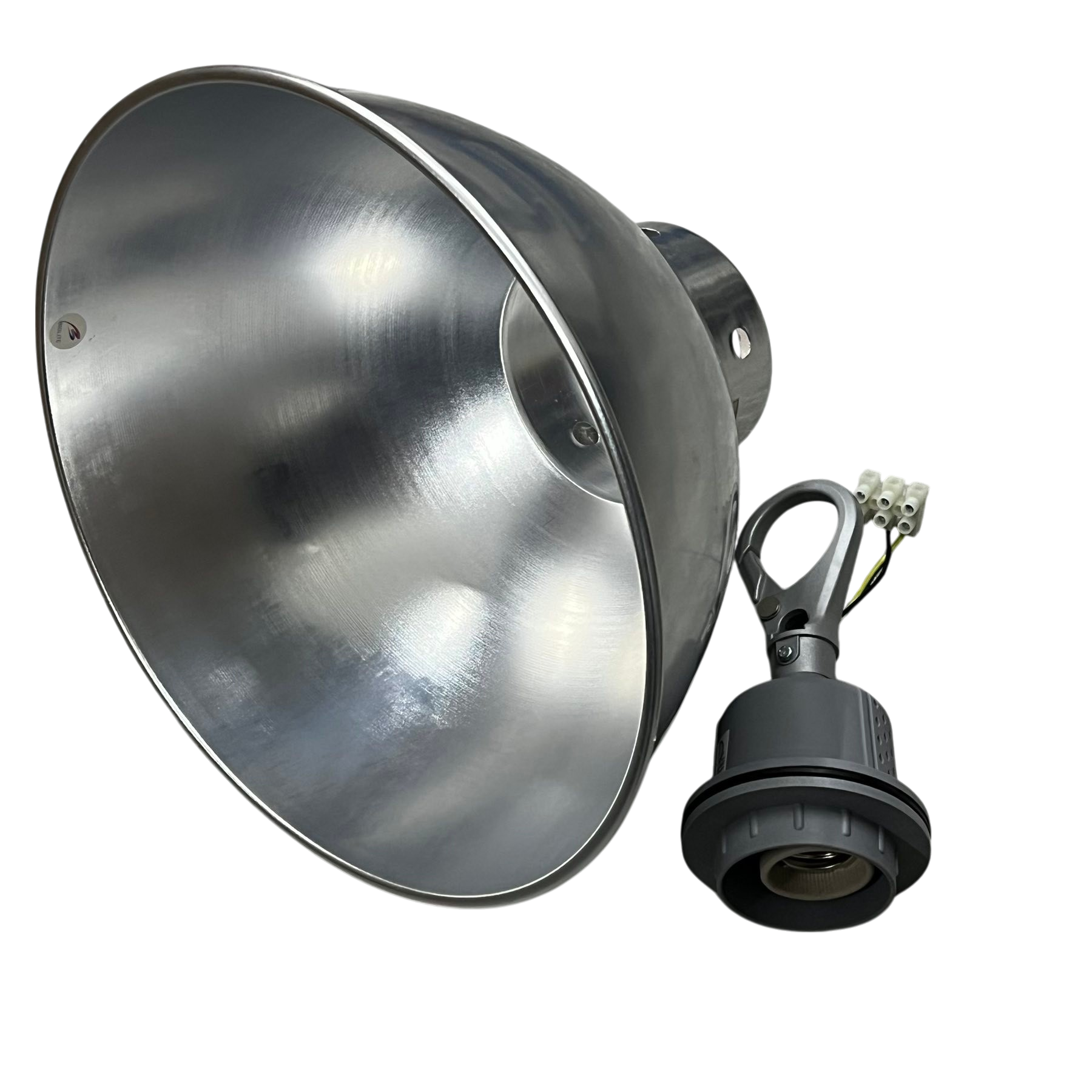 Aluminum reflector with E27 socket lighting installation accessory by Biglite and Omni on black background