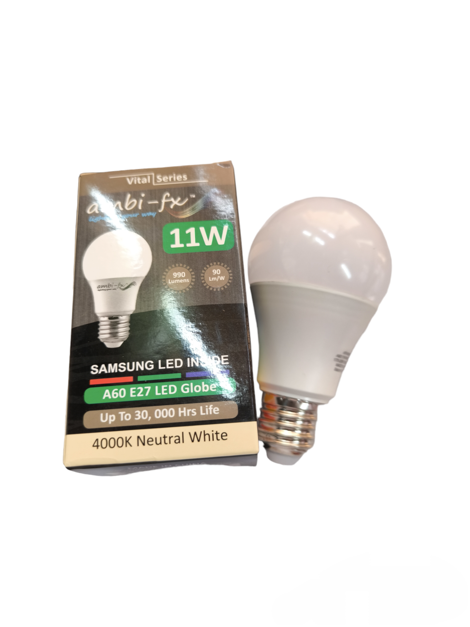 Ambi-fx 11W E27 LED bulb with 4000K neutral white light and long lifespan next to its packaging