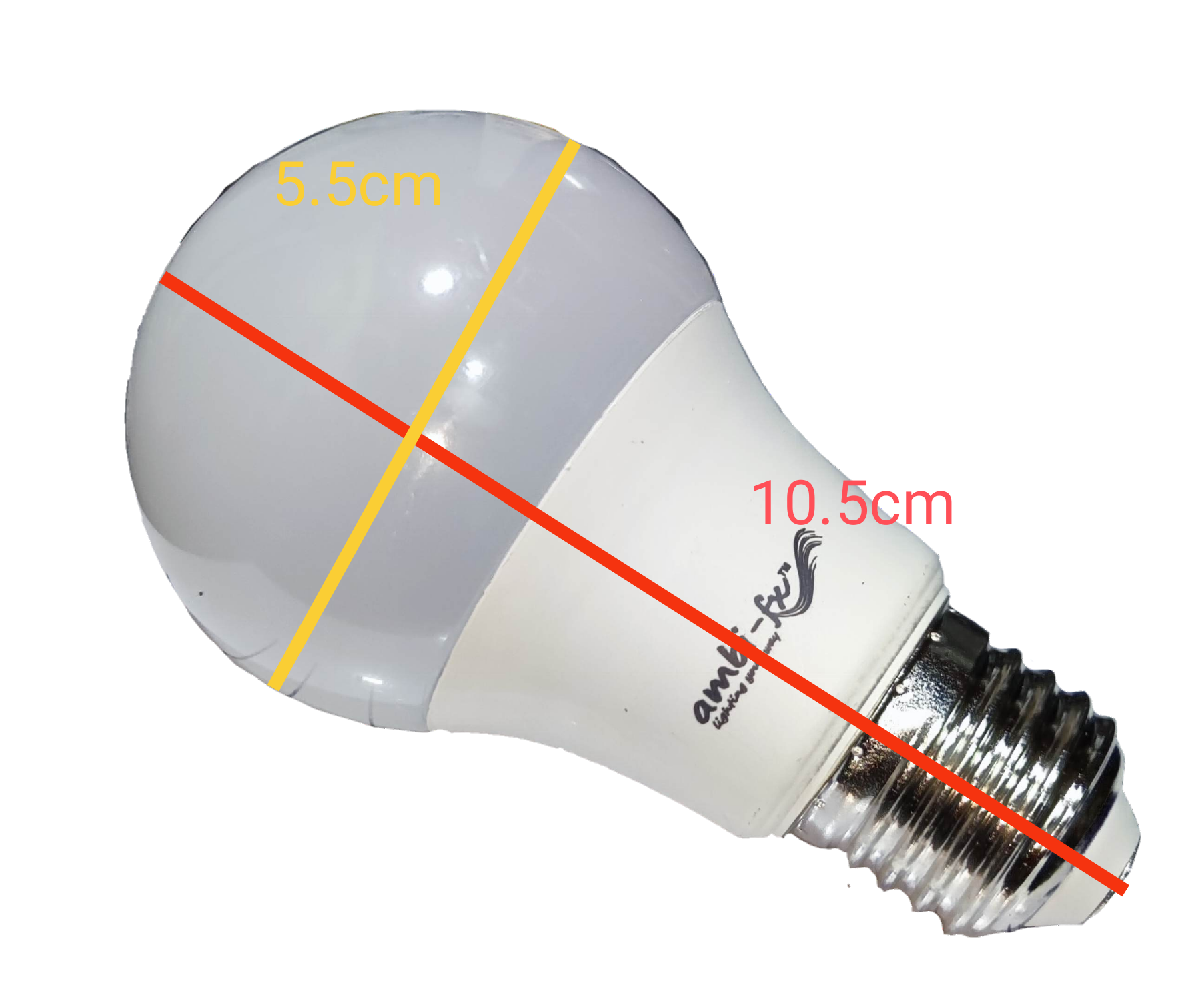 Ambi-fx 5W E27 LED bulb 6000K with measurements showing 10.5 cm length and 5.5 cm diameter