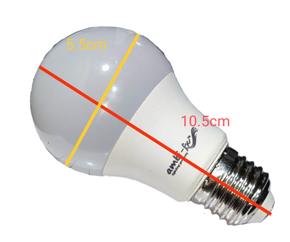 Ambi-fx 5W E27 LED bulb 6000K with measurements showing 10.5 cm length and 5.5 cm diameter