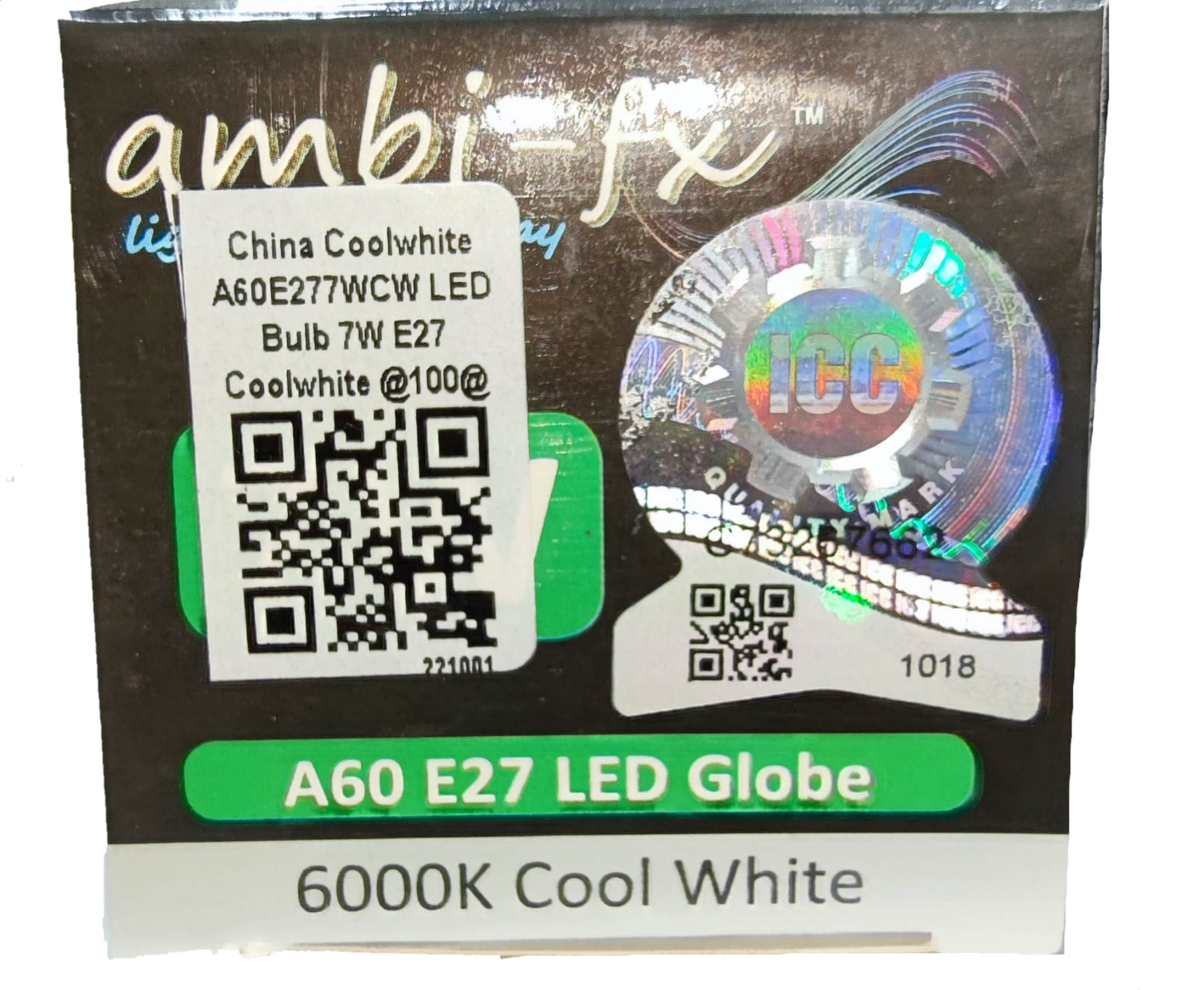 Ambi-fx 7W LED bulb E27 6000K cool white light packaged in black box with holographic seal