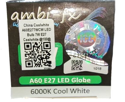 Ambi-fx 7W LED bulb E27 6000K cool white light packaged in black box with holographic seal