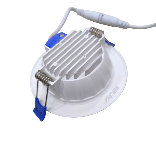 Ambi fx 7W LED Downlight 4000K Cool White recessed ceiling light showing heatsink spring clips and driver cable