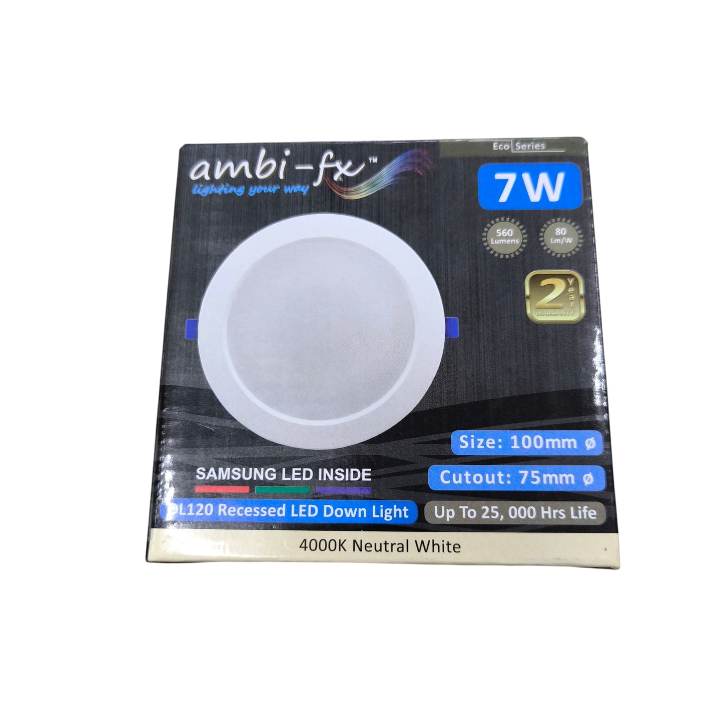 Ambi fx packaging for 7W LED Downlight 4000K Cool White recessed round downlight showing 100mm size