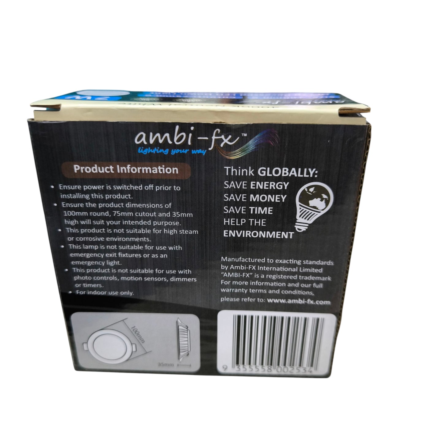 Ambi fx boxed 7W LED Downlight 4000K Cool White product packaging showing product information and barcode