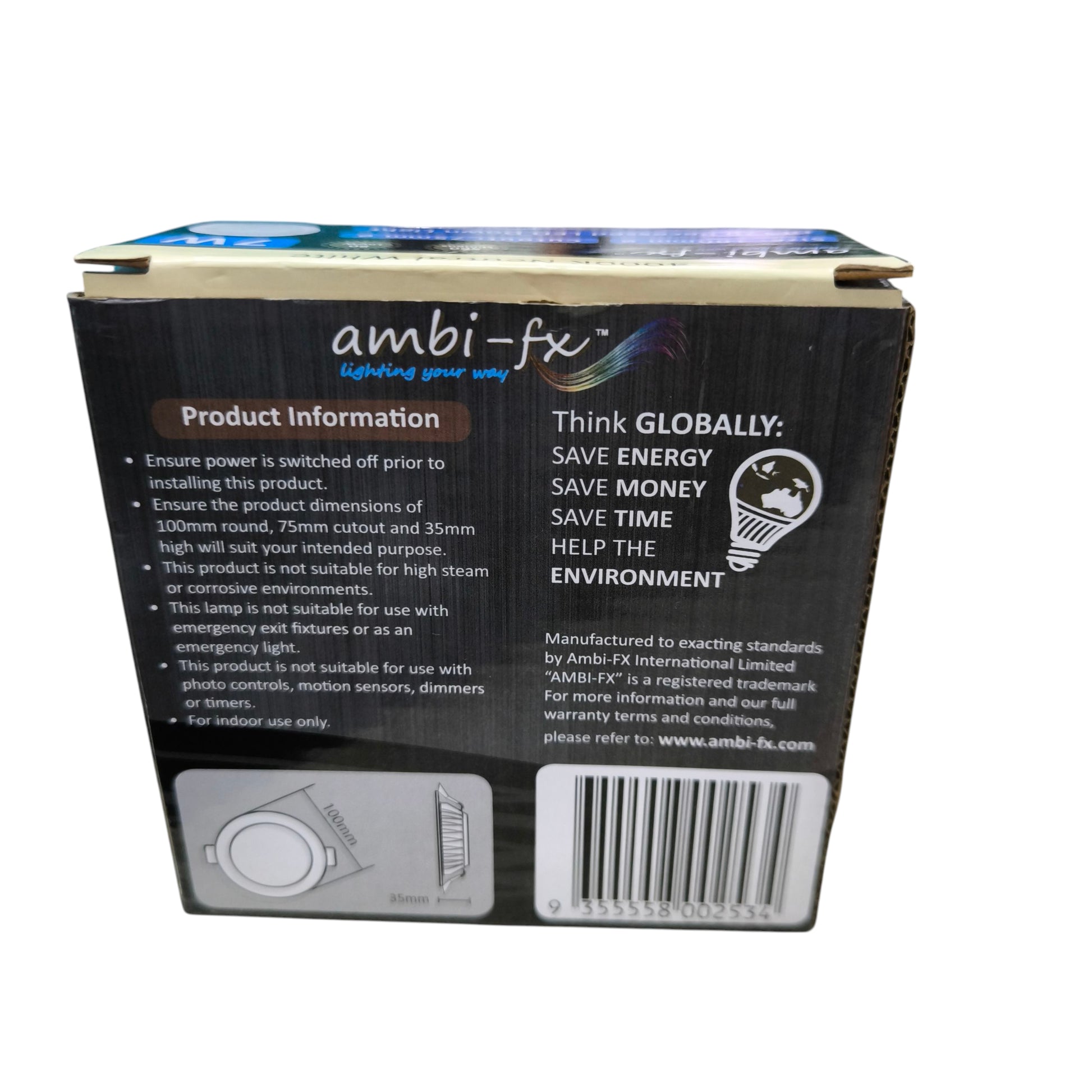 Ambi fx boxed 7W LED Downlight 4000K Cool White product packaging showing product information and barcode