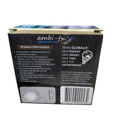 Ambi fx boxed 7W LED Downlight 4000K Cool White product packaging showing product information and barcode