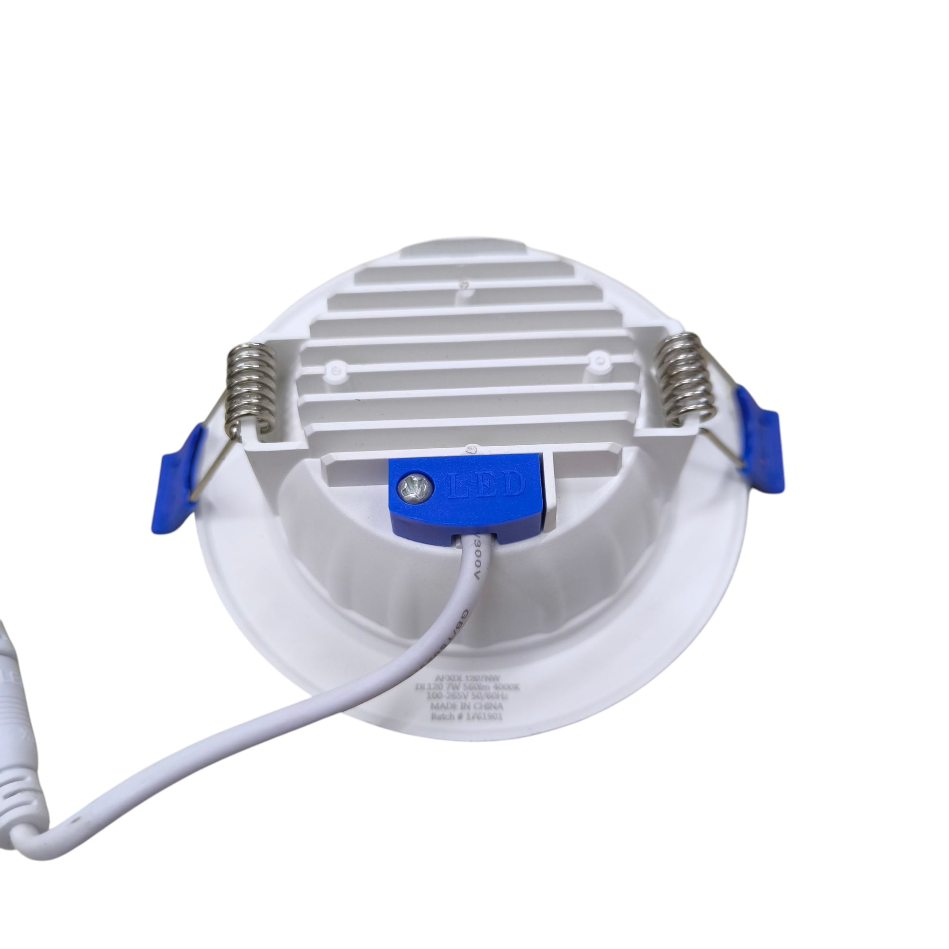 Ambi fx 7W LED Downlight 4000K Cool White rear view with white heatsink metal springs and power connector cable