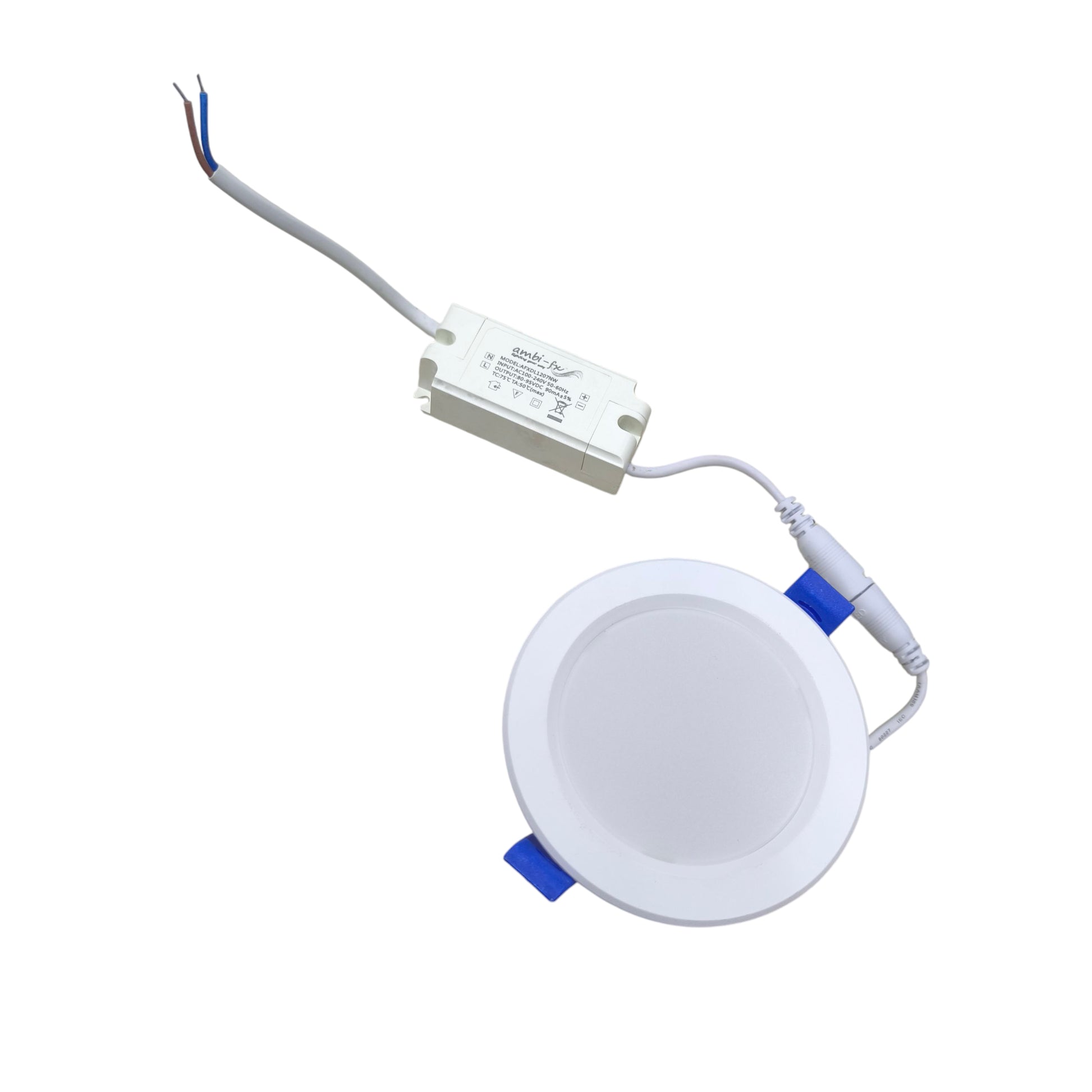 Ambi fx 7W LED Downlight 4000K Cool White round recessed ceiling light with external driver and connector