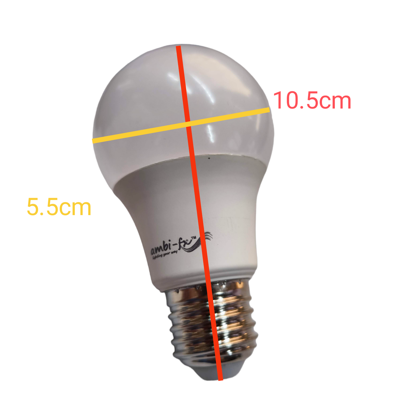 Ambi fx 9W LED Bulb E27 220V 6000K white frosted globe with E27 screw base and size markings 10 point 5 cm and 5 point 5 cm