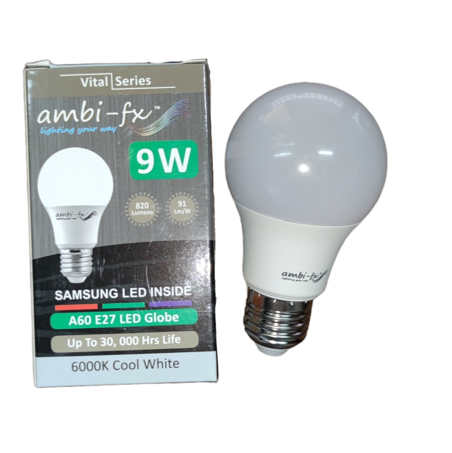 Ambi-fx 9W LED Bulb E27 220V 6000K next to product box showing A60 E27 globe with Samsung LED inside